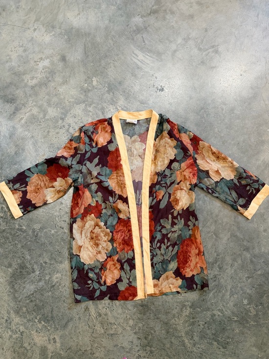 Dress Savvy Tops - Floral Open Kimono with Peach Trim